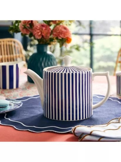 Narrow Stripe Earthenware Teapot, 1.1L, Blue/White